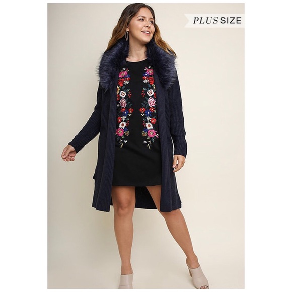 LAST☝️Navy Knit Open Cardigan with Faux fur Collar - Picture 5 of 9